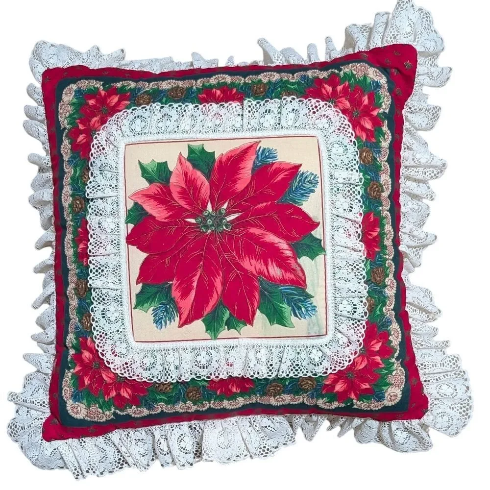 Handmade Poinsettia ruffle pillow 17X17 Christmas Holiday decorative accent